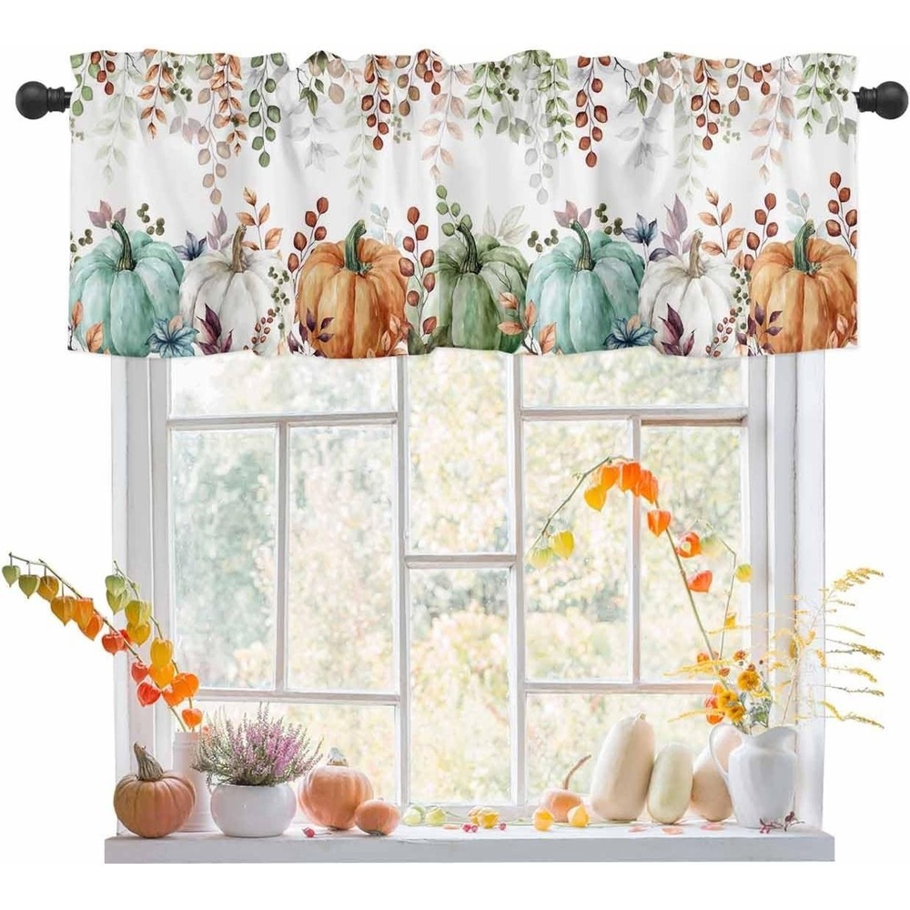 Fall Pumpkin Leaf Window Valance 54x18 Thanksgiving Farmhouse Kitchen Curtain